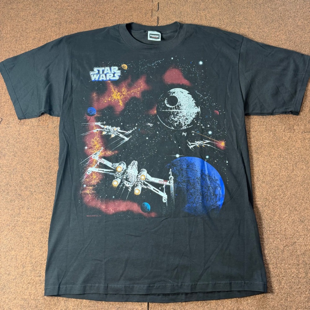 Vintage Star Wars Tultex Graphic T-Shirt XL Black Death Star X-Wing Space Battle